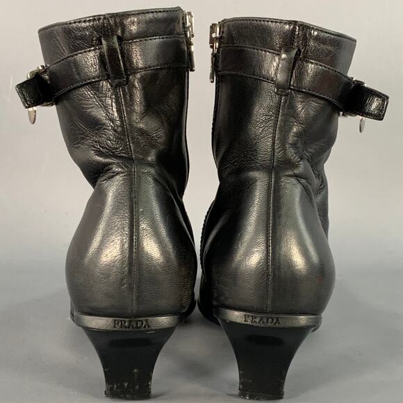 PRADA Size 7 Black Leather Kitten Heel Side Zipper Belted Ankle Boots - Picture 3 of 10